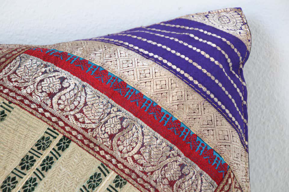 Decorative Throw Silk Pillow Made from Vintage Sari Borders, India