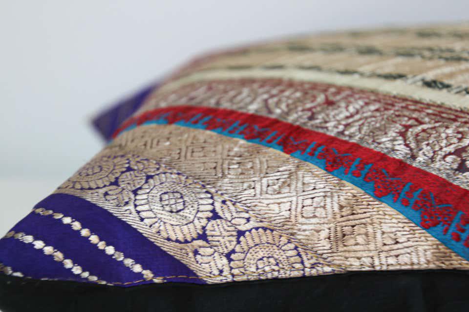 Decorative Throw Silk Pillow Made from Vintage Sari Borders, India