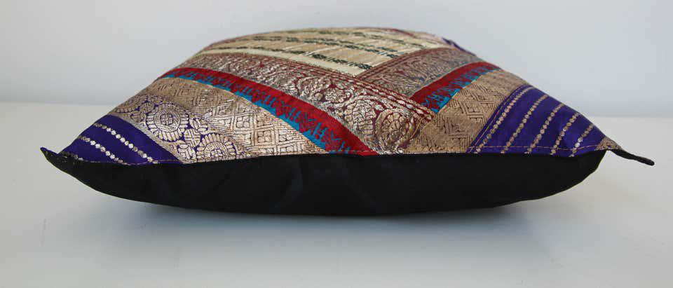 Decorative Throw Silk Pillow Made from Vintage Sari Borders, India