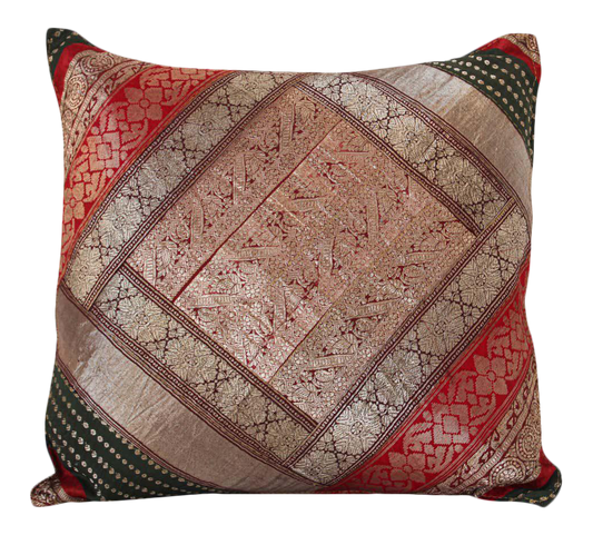 Decorative Vintage Throw Pillow Made from Silk Sari Borders, India