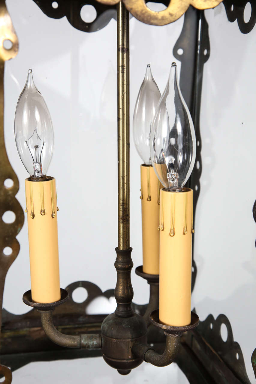 Moorish Chandelier in Brass and Glass, Hand-Crafted, Spain, 1920
