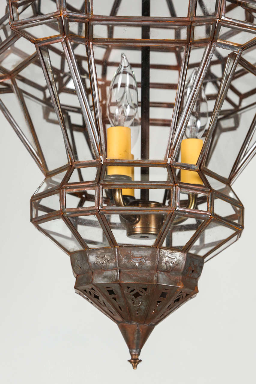 Moroccan Moorish Granada Clear Glass Bronze Lantern Pendant, Marrakech 1990s