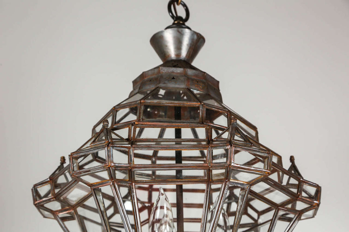 Moroccan Moorish Granada Clear Glass Bronze Lantern Pendant, Marrakech 1990s