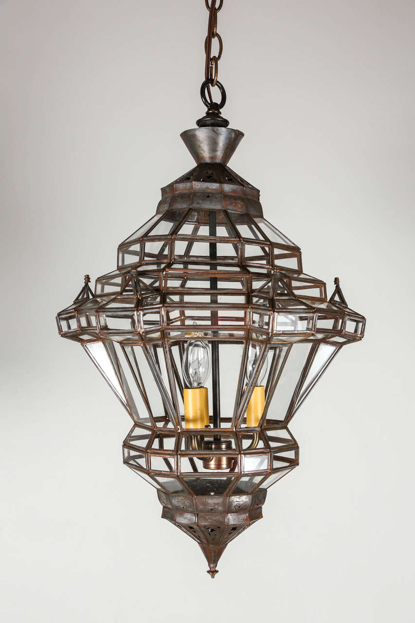Moroccan Moorish Granada Clear Glass Bronze Lantern Pendant, Marrakech 1990s