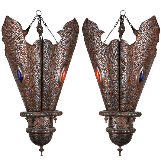 Pair of Moroccan Moorish Pierced Metal Lanterns with Blue and Amber Glass