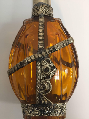 Glass Perfume Bottle with Embossed Metal Overlay