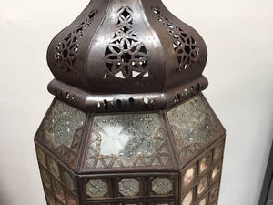 Moroccan Glass Lantern with Metal Filigree and Clear Glass