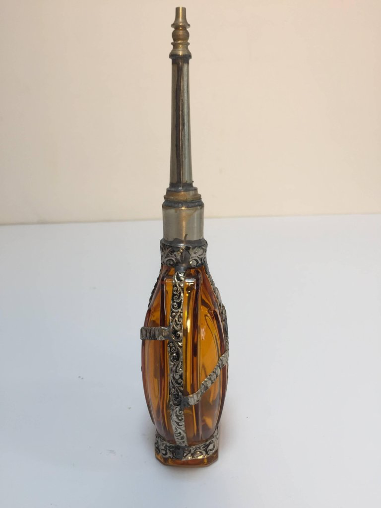 Perfume Bottle with Embossed Metal Overlay Glass