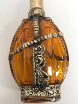 Glass Perfume Bottle with Embossed Metal Overlay