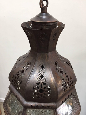 Moroccan Glass Lantern with Metal Filigree and Clear Glass