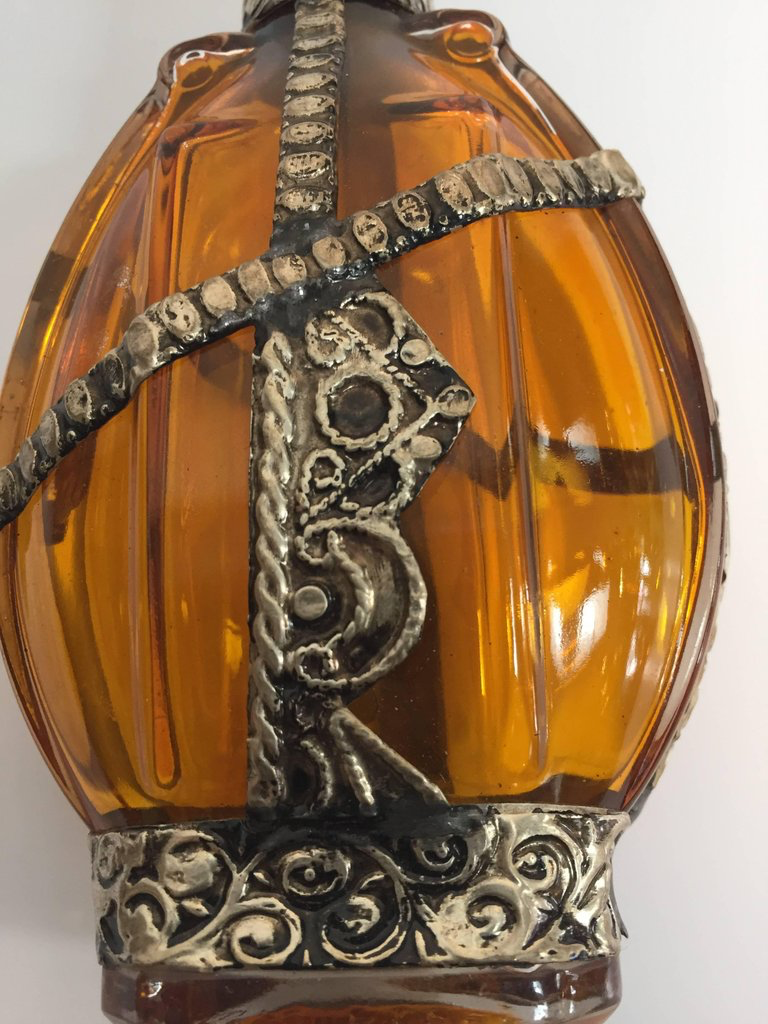 Moroccan Glass Perfume Bottle with Embossed Silvered Metal Design