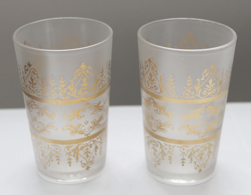 Set of Six Moroccan Moorish Glasses, White Frosted & Gold, Handmade