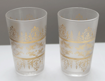 Set of Six Moroccan Moorish Glasses, White Frosted & Gold, Handmade