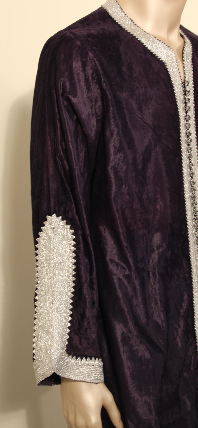 Vintage Caftan, Dark Blue Silk Velvet with Silver Trim, 1960s