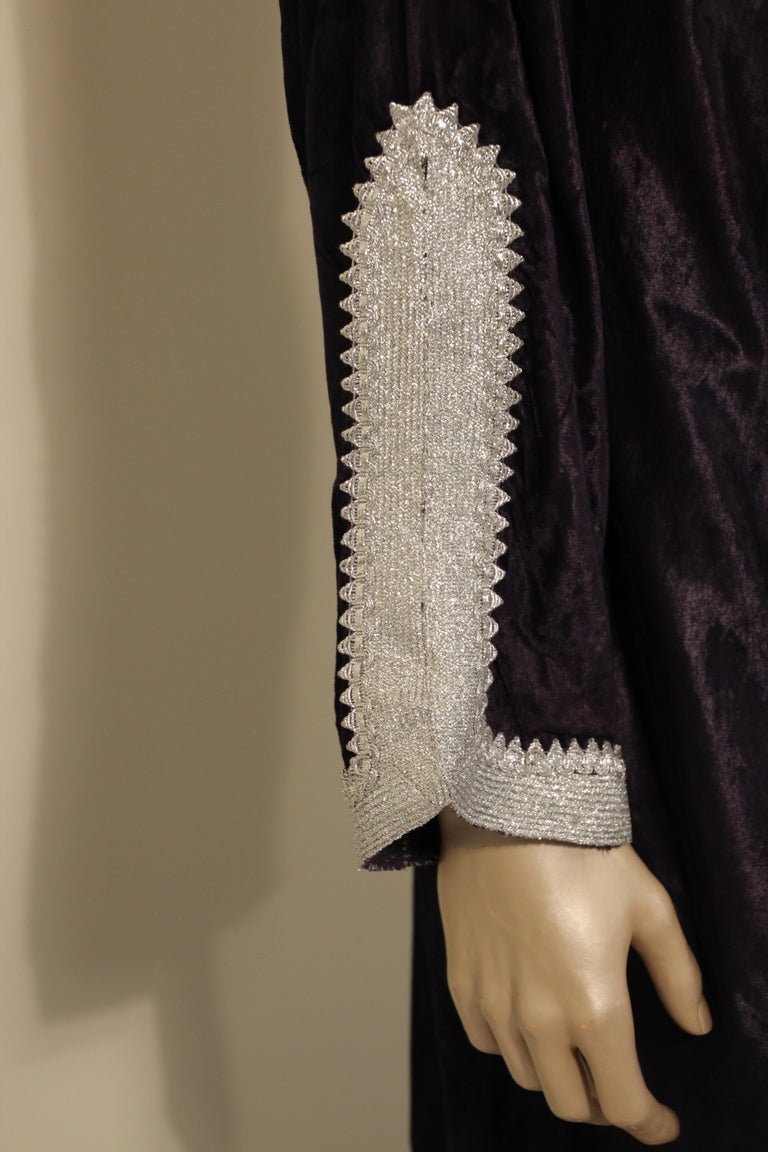 Vintage Caftan, Dark Blue Silk Velvet with Silver Trim, 1960s