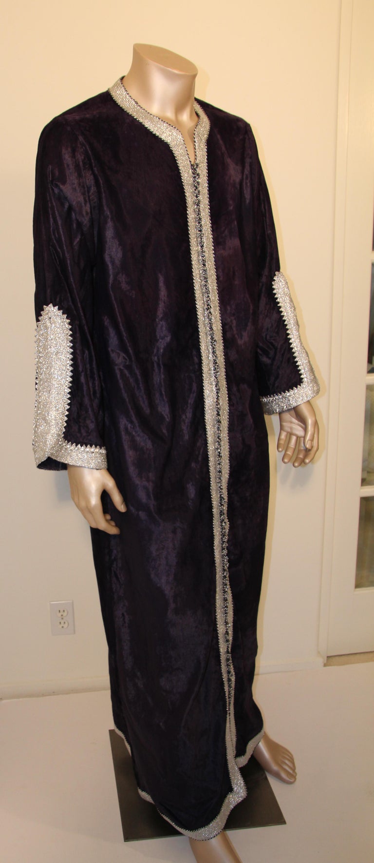 Vintage Caftan, Dark Blue Silk Velvet with Silver Trim, 1960s
