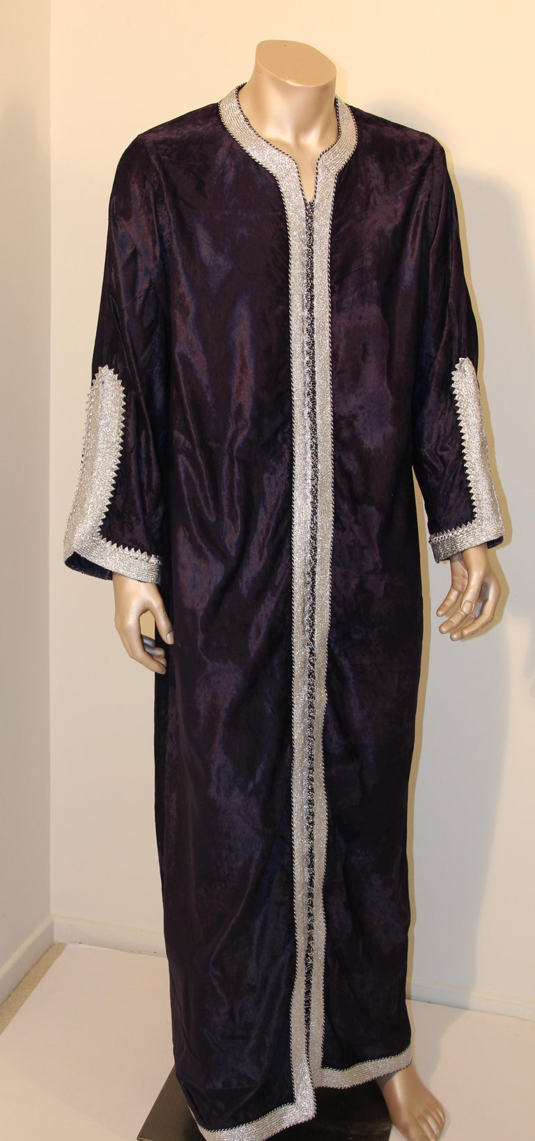 Vintage Caftan, Dark Blue Silk Velvet with Silver Trim, 1960s