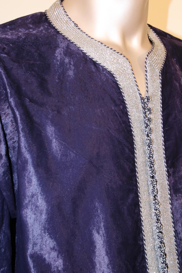 Vintage Caftan, Dark Blue Silk Velvet with Silver Trim, 1960s