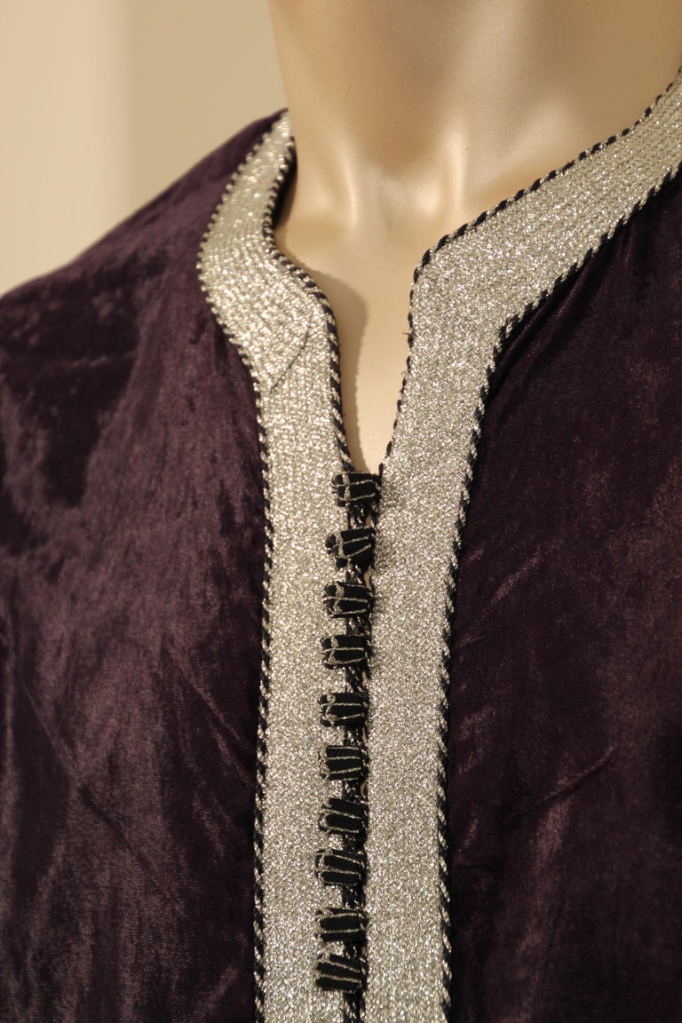 Vintage Caftan, Dark Blue Silk Velvet with Silver Trim, 1960s