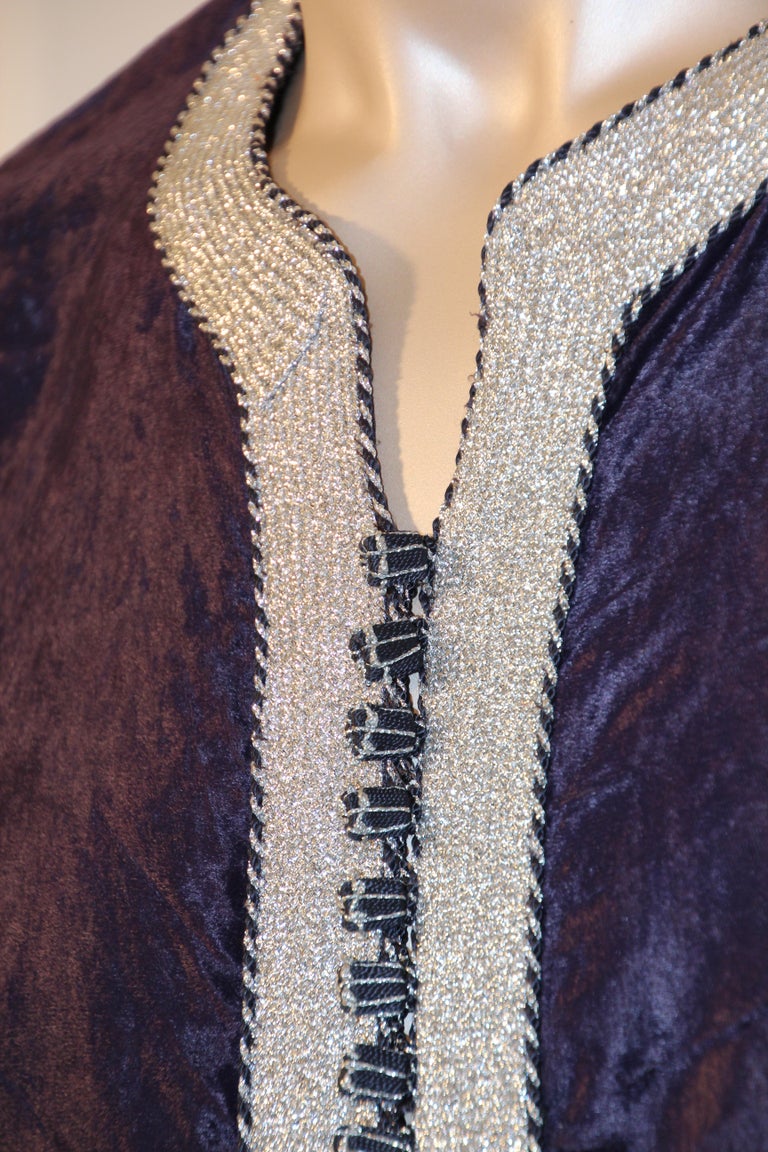 Vintage Caftan, Dark Blue Silk Velvet with Silver Trim, 1960s