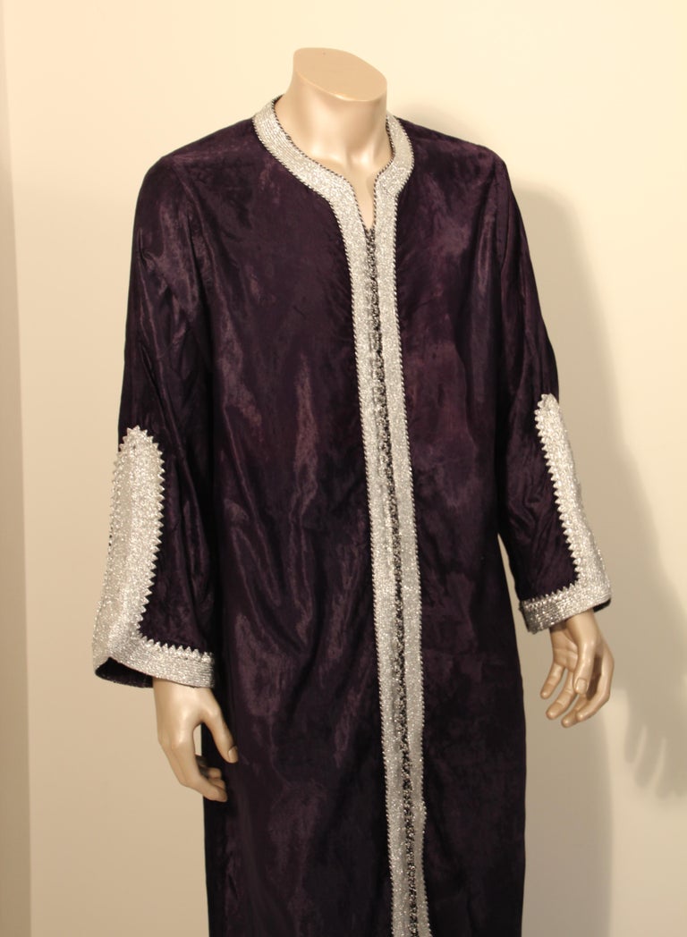 Vintage Caftan, Dark Blue Silk Velvet with Silver Trim, 1960s