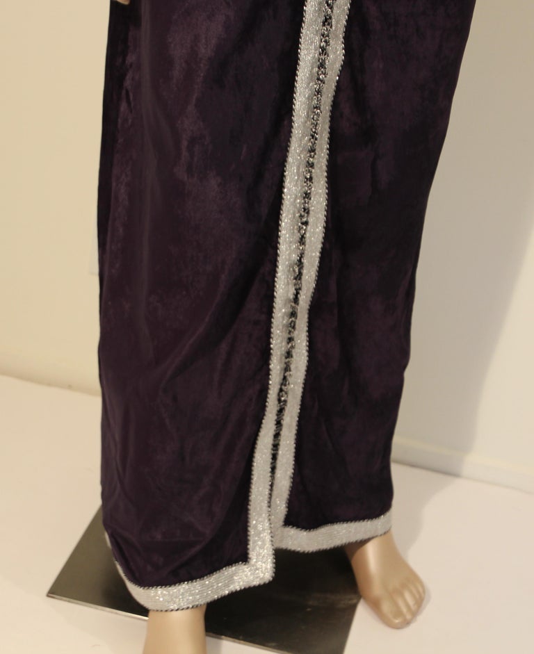 Vintage Caftan, Dark Blue Silk Velvet with Silver Trim, 1960s