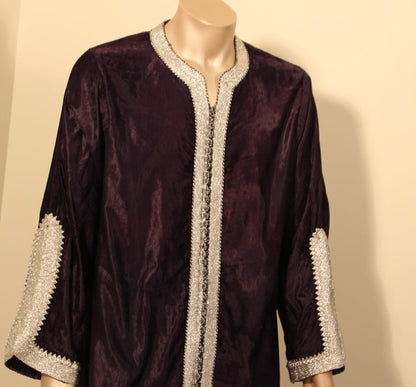 Vintage Caftan, Dark Blue Silk Velvet with Silver Trim, 1960s