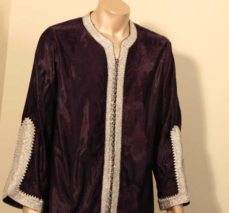 Vintage Caftan, Dark Blue Silk Velvet with Silver Trim, 1960s