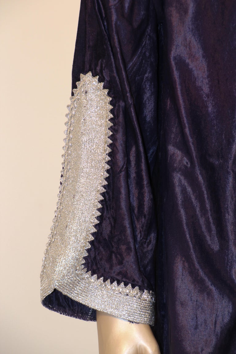 Vintage Caftan, Dark Blue Silk Velvet with Silver Trim, 1960s