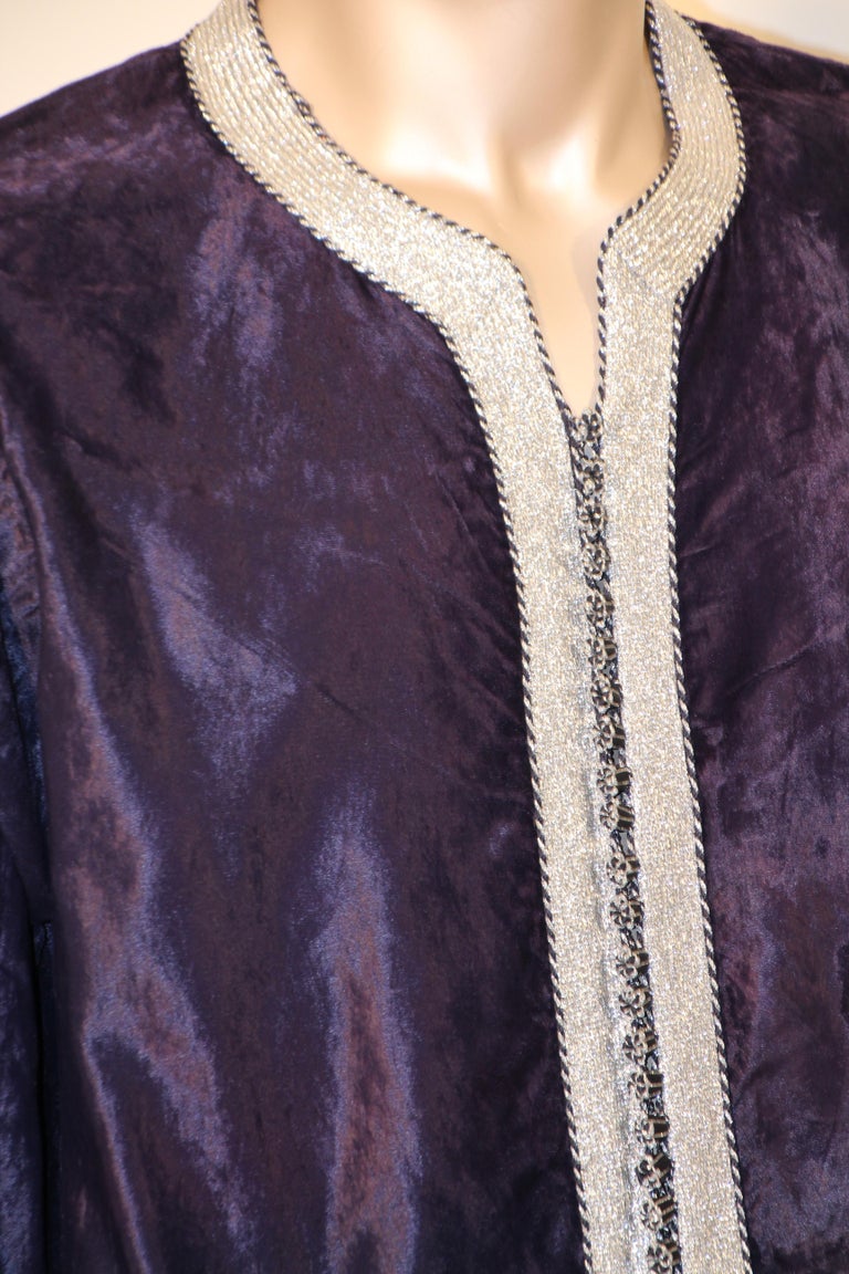 Vintage Caftan, Dark Blue Silk Velvet with Silver Trim, 1960s