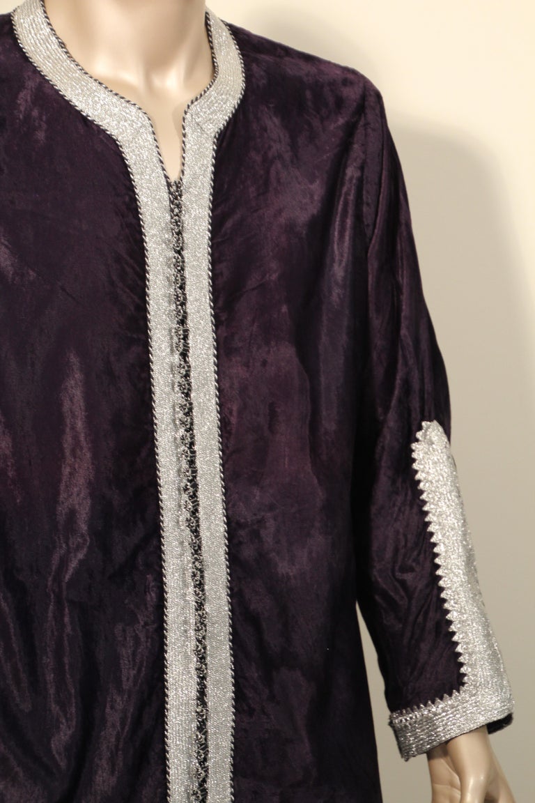 Vintage Caftan, Dark Blue Silk Velvet with Silver Trim, 1960s