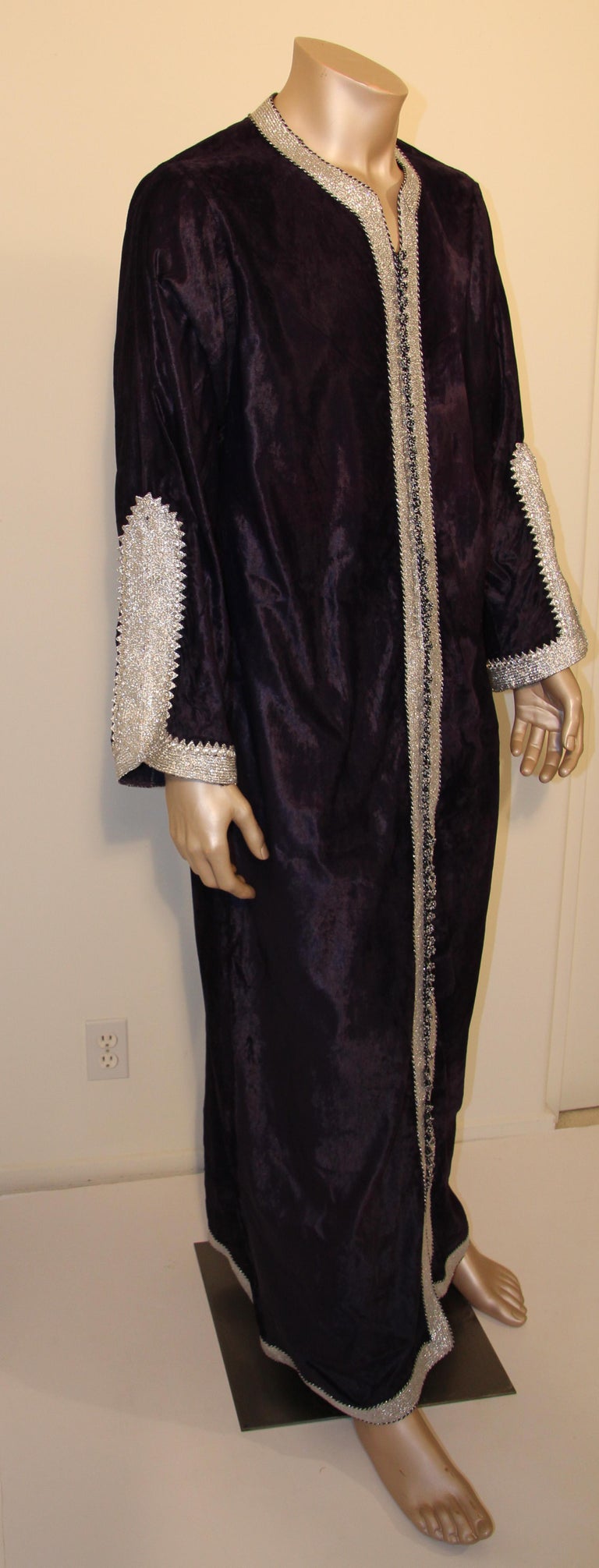 Vintage Caftan, Dark Blue Silk Velvet with Silver Trim, 1960s