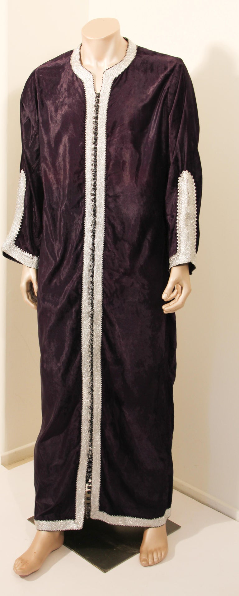 Vintage Caftan, Dark Blue Silk Velvet with Silver Trim, 1960s