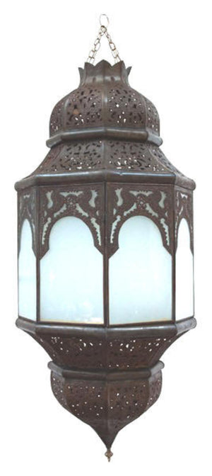 Moroccan Moorish Hanging Metal Lantern with Milky Glass