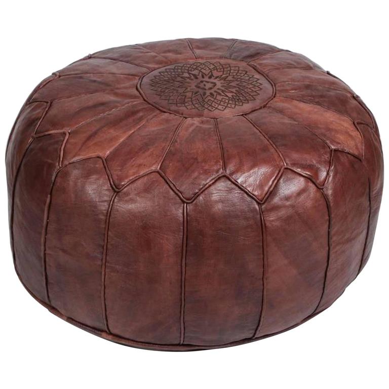 Large vintage round Moroccan leather pouf