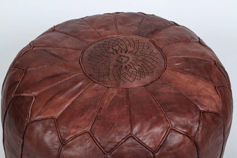 Large vintage round Moroccan leather pouf