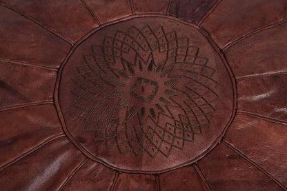 Vintage Moroccan Leather Pouf in Chocolate Brown Hand Tooled In Marrakech – view 2