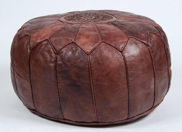Large vintage round Moroccan leather pouf