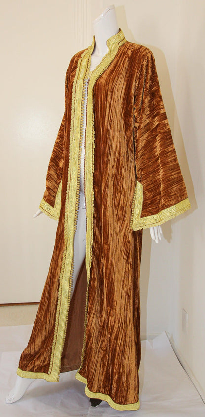 Amazing Vintage Caftan, Caramel Velvet and Gold Embroidered, ca. 1960s