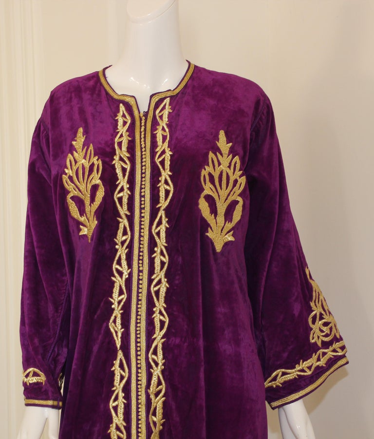 Moroccan Caftan Purple Velvet Embroidered with Gold Kaftan, circa 1970