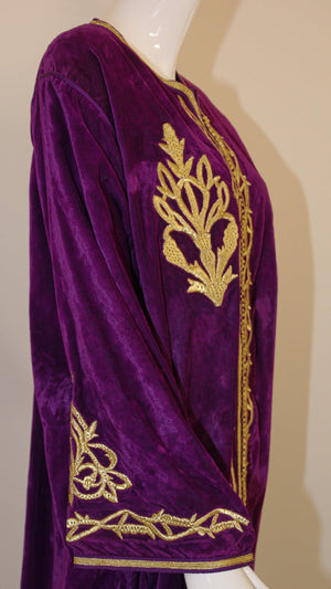 Moroccan Caftan Purple Velvet Embroidered with Gold Kaftan, circa 1970