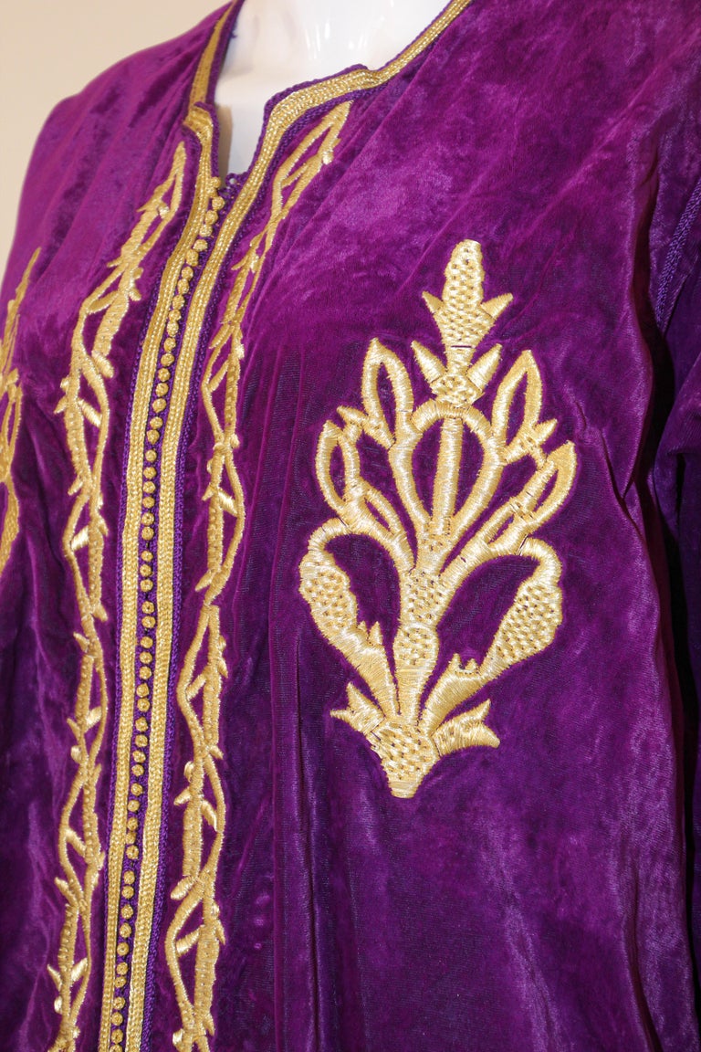 Moroccan Caftan Purple Velvet Embroidered with Gold Kaftan, circa 1970