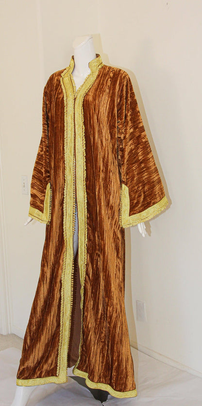 Amazing Vintage Caftan, Caramel Velvet and Gold Embroidered, ca. 1960s