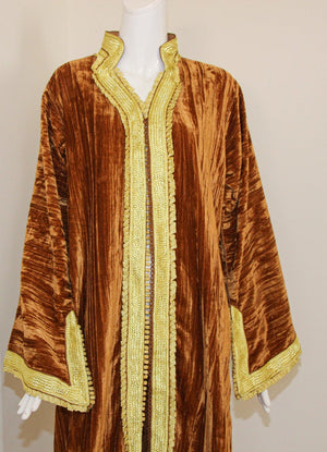 Amazing Vintage Caftan, Caramel Velvet and Gold Embroidered, ca. 1960s