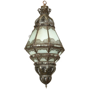 Vintage Moroccan Moorish Milk Glass Pierced Metal Lantern, Marrakech
