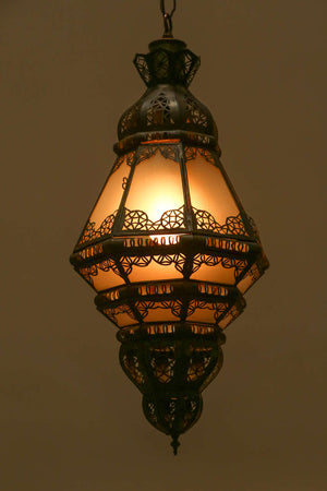Moroccan Moorish Lantern with Filigree Designs and Milky Glass Pendant