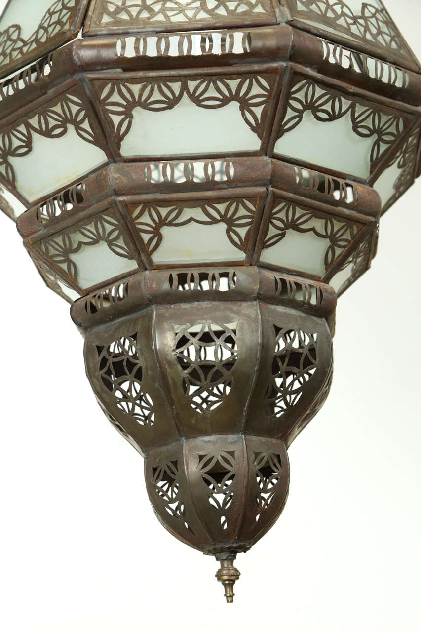 Vintage Moroccan Moorish Milk Glass Pierced Metal Lantern, Marrakech