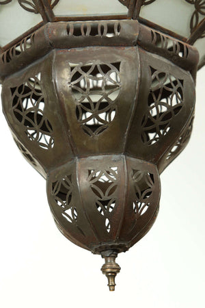 Moroccan Moorish Lantern with Filigree Designs and Milky Glass Pendant
