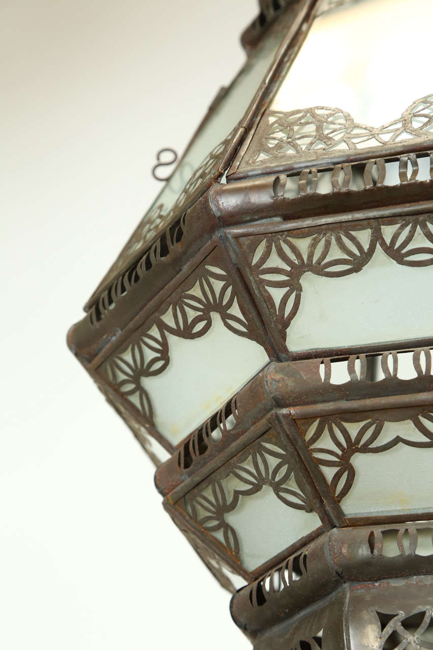 Vintage Moroccan Moorish Milk Glass Pierced Metal Lantern, Marrakech