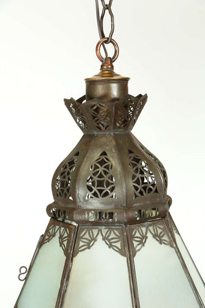 Moroccan Moorish Lantern with Filigree Designs and Milky Glass Pendant